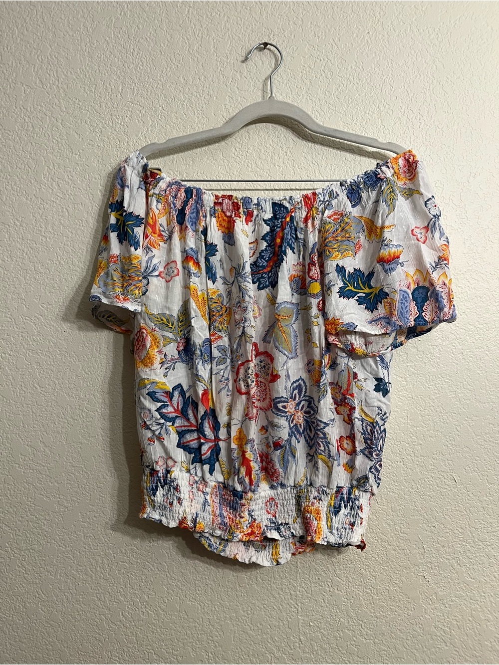 Off-Shoulder Floral Smocked Waist Blouse - White Multi